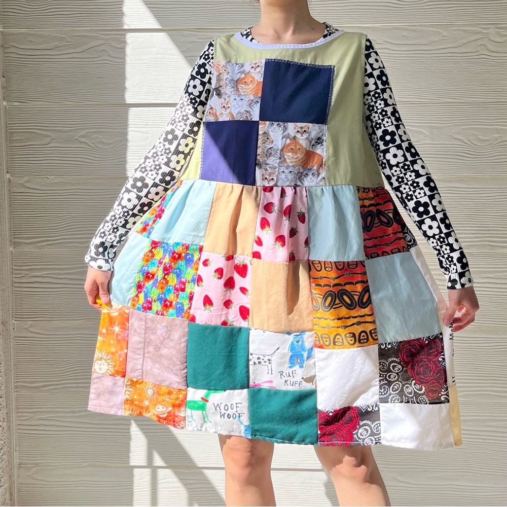 Handmade Sleeveless Quilted Dress SKU 06202 Cat/Leaves